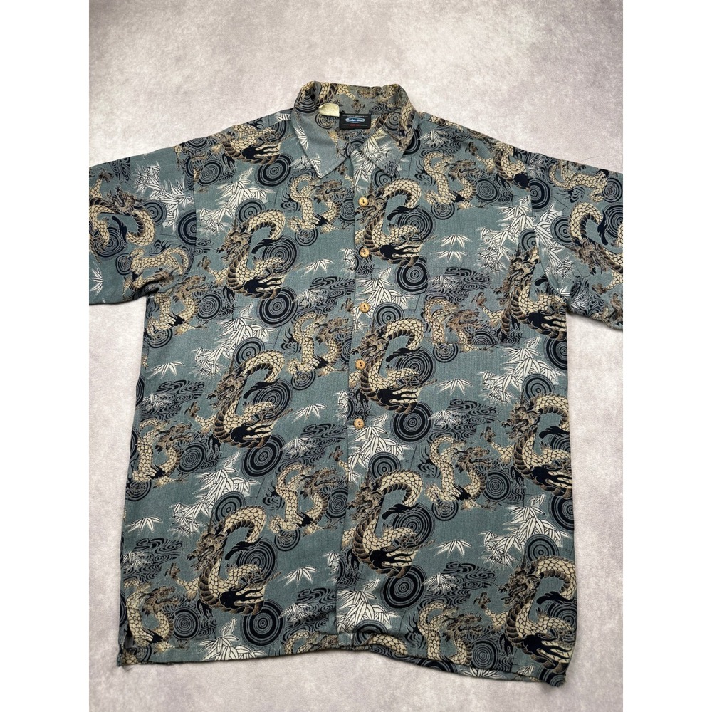VTG Anchor Blue Dragon Bamboo Print Button Up Shirt Mens XL Teal 90s Streetwear